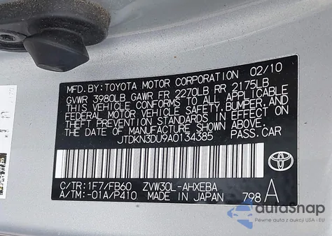 2010 Toyota Prius Ii from USA, damaged, VIN JTDKN3DU9A0134385
